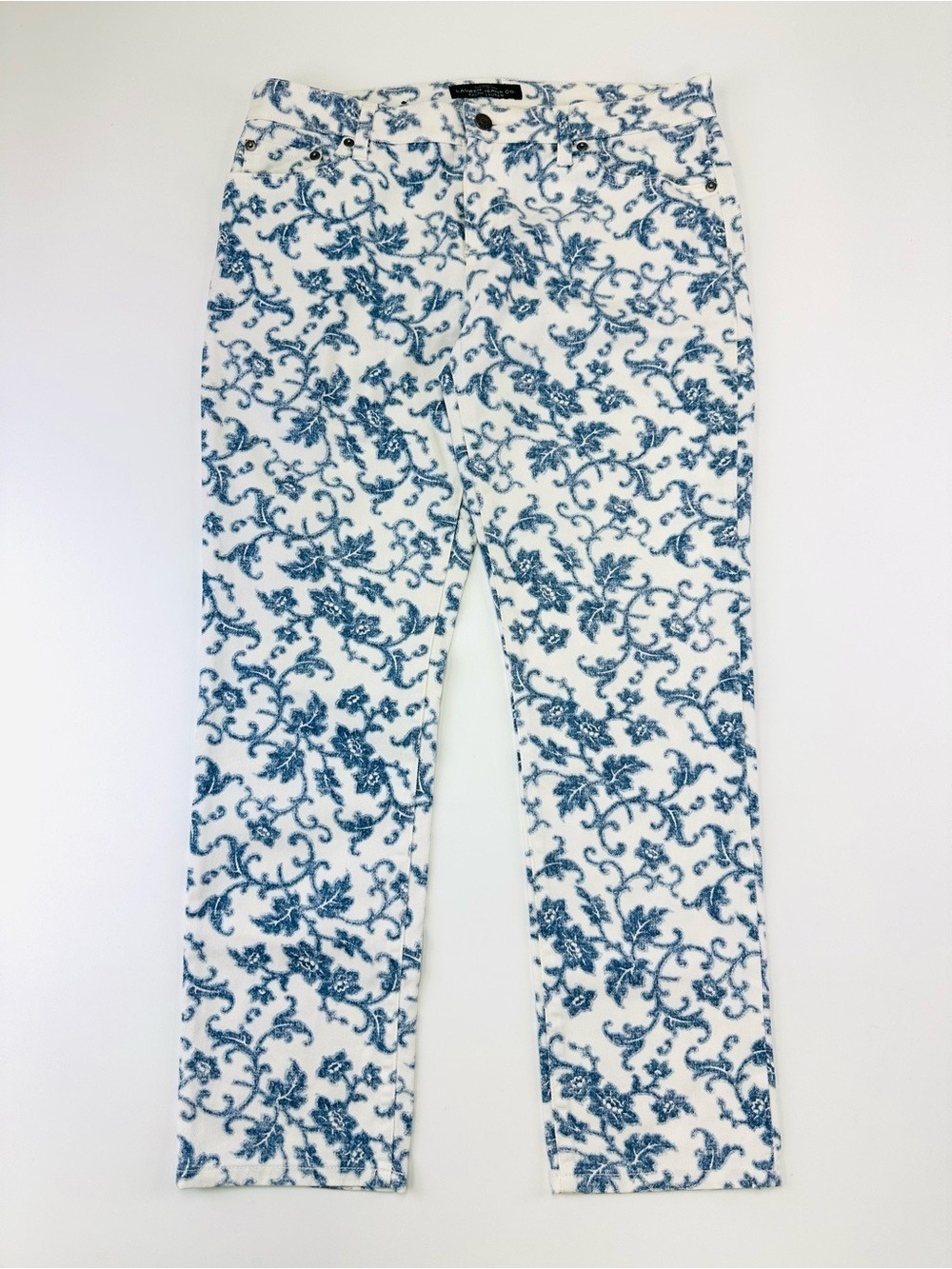 Ralph Lauren Blue White Floral Print Stretch Cotton Ankle Pants Size 10 Coastal